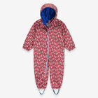 EcoSplash Waterproof Fleece Lined Puddle Suit Pink, a one-piece waterproof suit with a hood and all-over lightning bolt pattern.